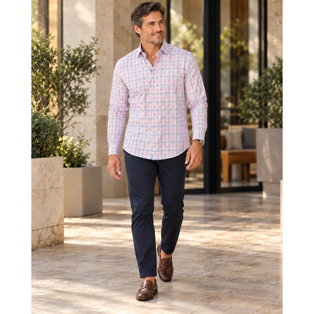Bugatchi Shaped Fit Shirt Mens XL Pink Blue Grid Check Long Sleeve Button Down